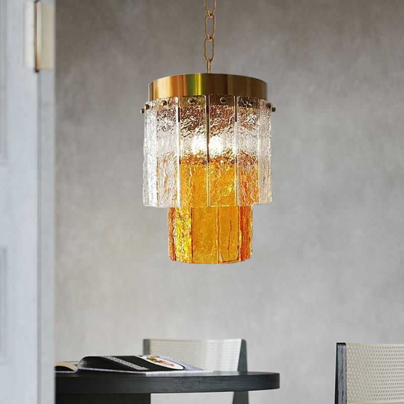 2-Tiered Dining Room Hanging Light Fixture Yellow Textured Glass 1 Head Minimal Style Pendant Lamp