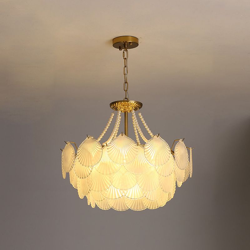 Modern Shell Shape Chandelier Glass Multi Light Hanging Light in White for Bedroom