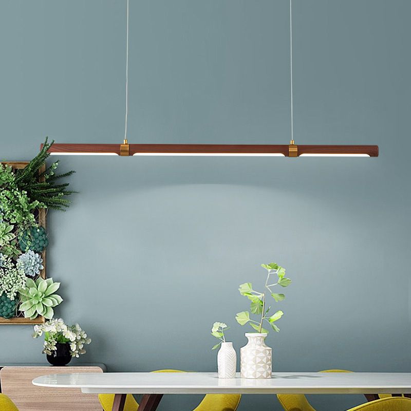 Single Modern Style Brown LED Wooden Linear Kitchen Island Light
