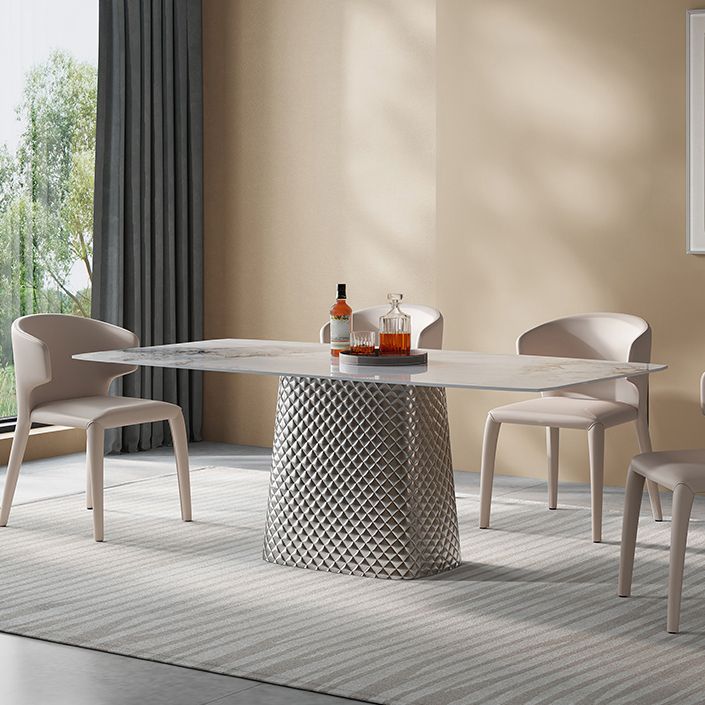 Modern White Rectangular Stone Top Dining Table with Silver Pedestal