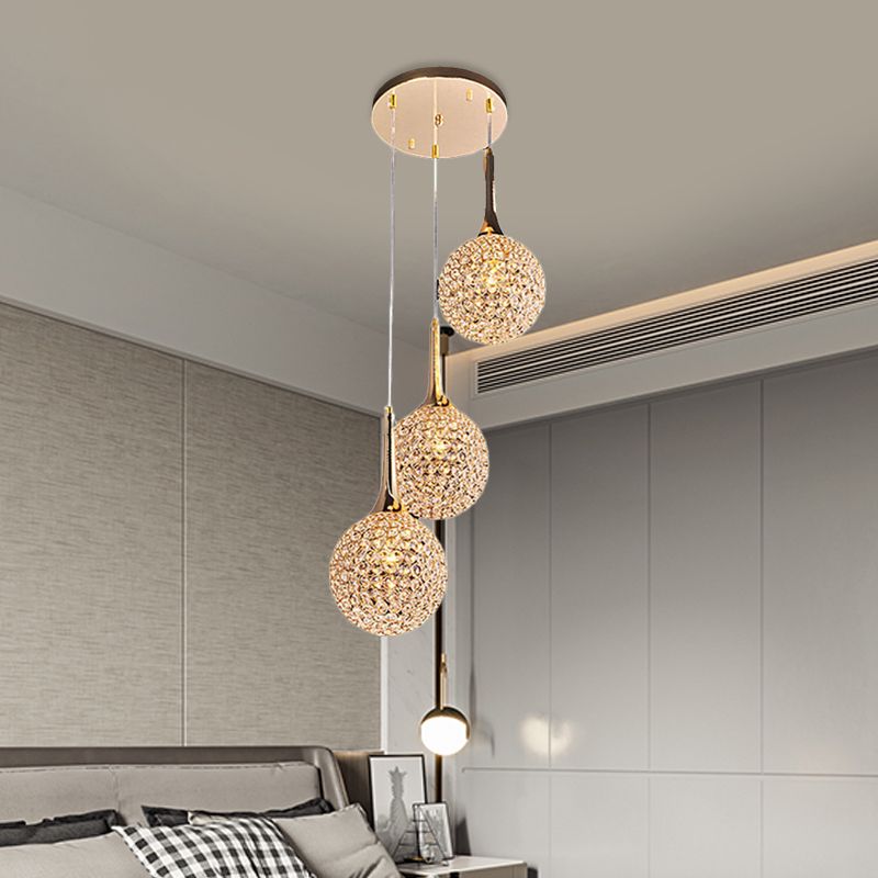 3/8 Heads Multi Light Pendant Simple Dining Room Hanging Lamp Kit with Globe Crystal Encrusted Shade in Gold