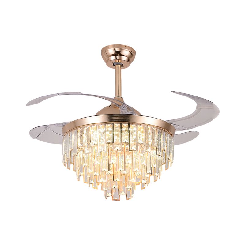 Sich verjüngte LED Semi Flush Mount Einfachheit Kristall Rechteck Roségold 4-Blade Hanging Lüfterlampe, 19 "breit