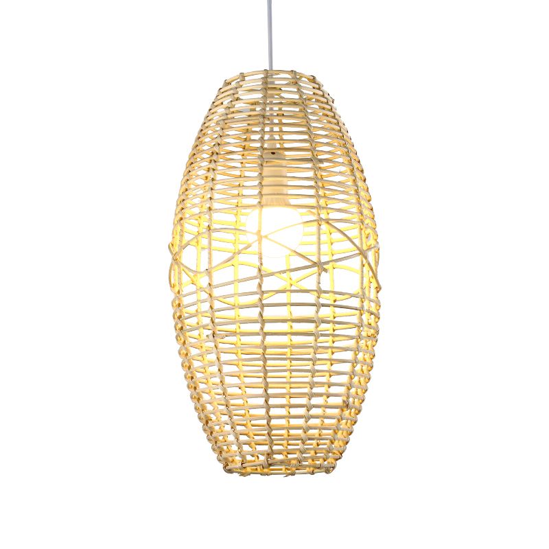 Hand Braided Ellipse Bistro Pendant Lamp Bamboo 1 Bulb Chinese Hanging Light in Beige