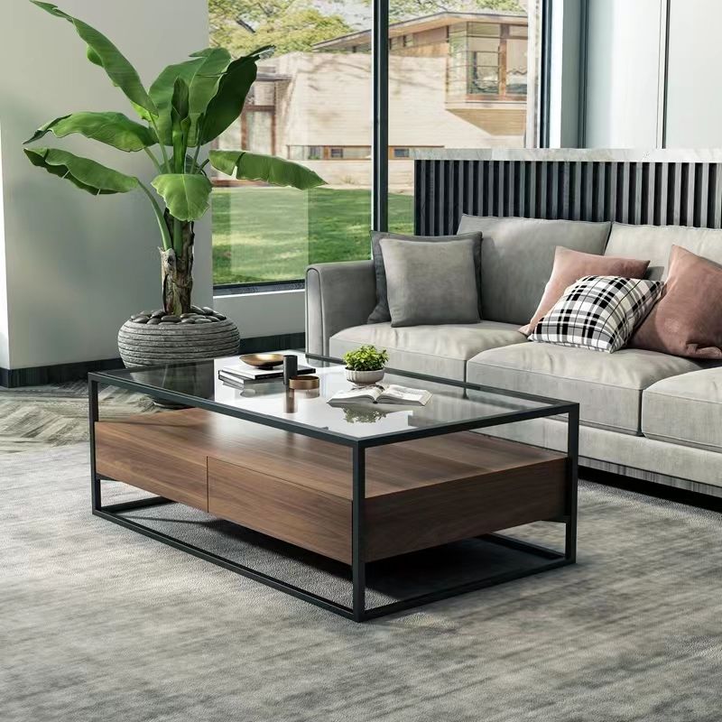 17.7" H Modern Rectangle Glass Coffee Table Metal Frame Cocktail Table with Storage