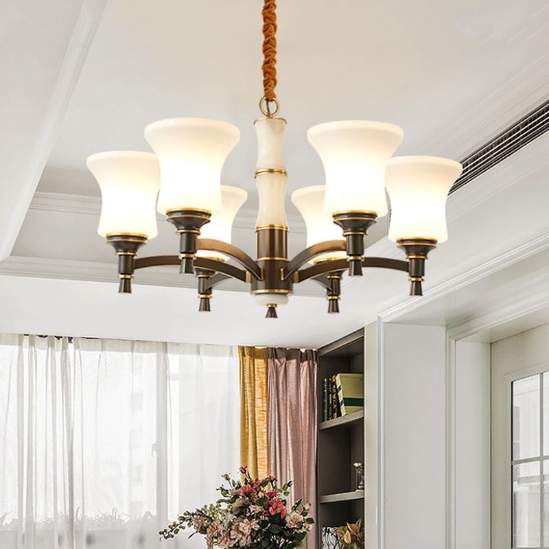 6/8 Luci appesi lampada da lampada retrò lampada lampadario con tonalità di vetro bianco a campana in nero