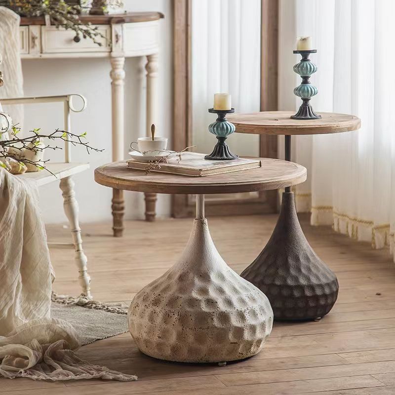 French Country Style Round Wood Top Side Table Iron Pedestal End Table