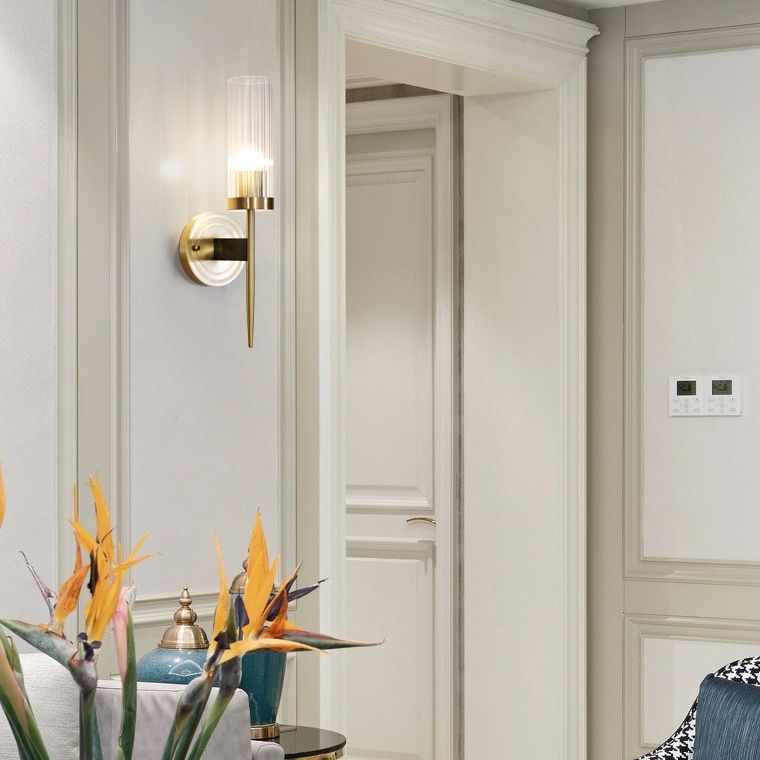 Modern Minimalist Cylindrical Wall Sconce Copper Wall Lamp with Clear Glass Shade