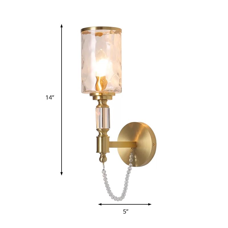 Cylinder Wall Light Postmodern Water Glass 1/2 Lights Brass Sconce Light with Crystal Strand Accent