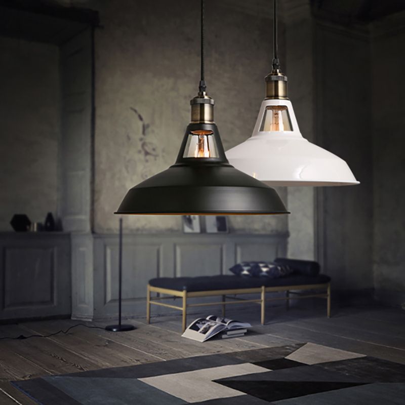 Loft Style Barn Shade Pendant Ceiling Light 10.5"/12"/15" W 1 Bulb Metallic Hanging Lamp in Black/White for Dining Table