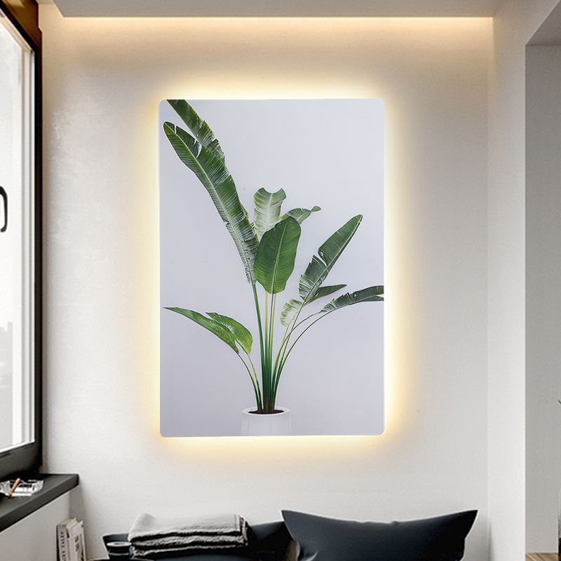 Green and White Rectangle Wall Mural Lamp Simplicity LED Acrylic Wall Lighting Idea with Leaf Pattern