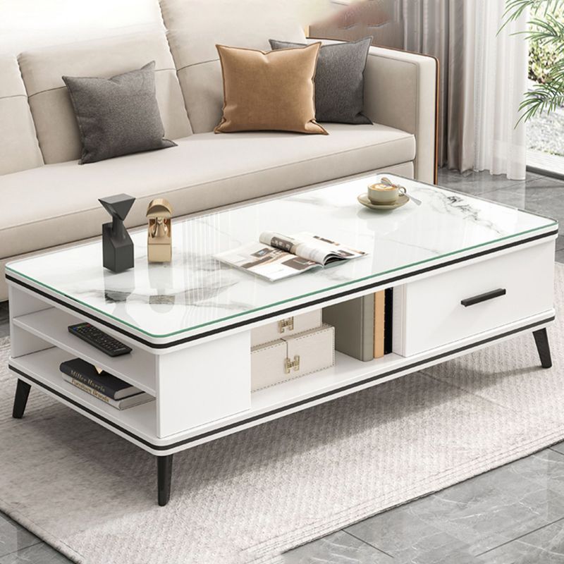 Single Coffee Table 4 Legs Rectangle Cocktail Table with Shelf and Drawer