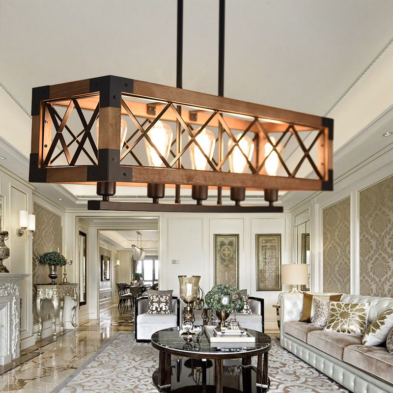 5 Bulbs Rectangle Pendant Light with Frame Shade Rustic Loft Brown Metal and Wood Island Light