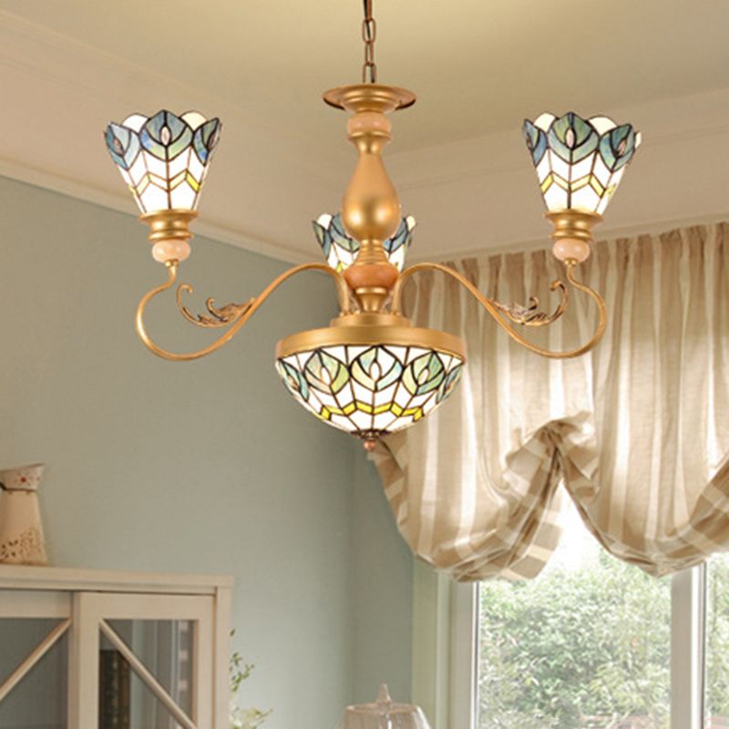 Tiffany Peacock Feather Chandelier Lighting 3/5/6 Lights Stained Glass Suspension Light in Gold for Living Room