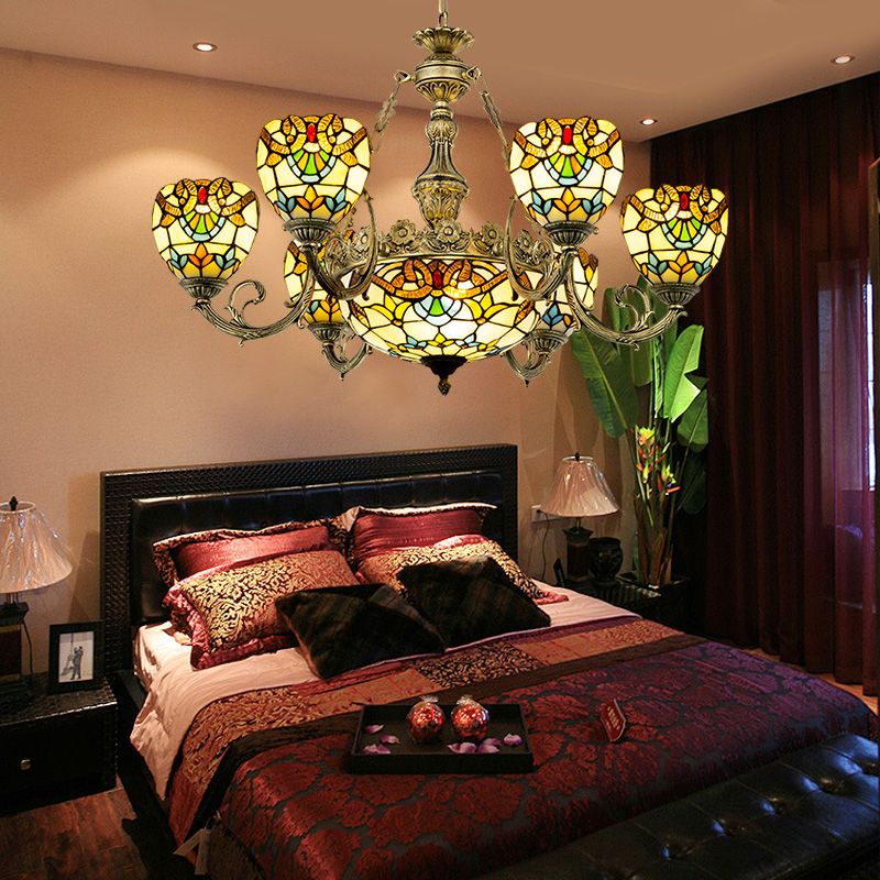 Lampada lampadario a forma di ciotola macchiata di vetro in vetro a pendente in stile tiffante beige