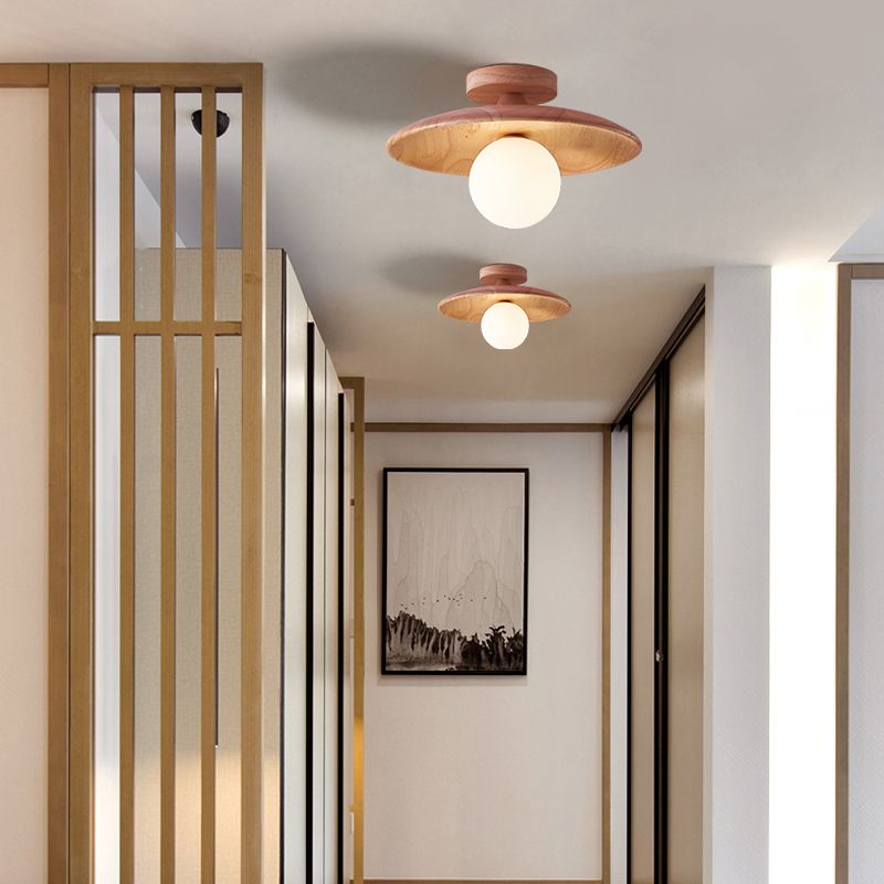 Contemporary Wooden Semi Mount Lighting Glass Shade Semi Flush for Foyer