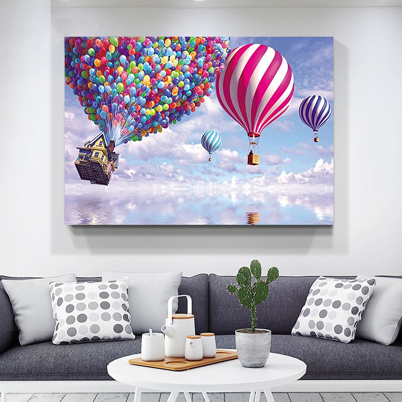 Purple Hot Air Balloon Painting Textured Children's Art Wrapped Canvas for Living Room