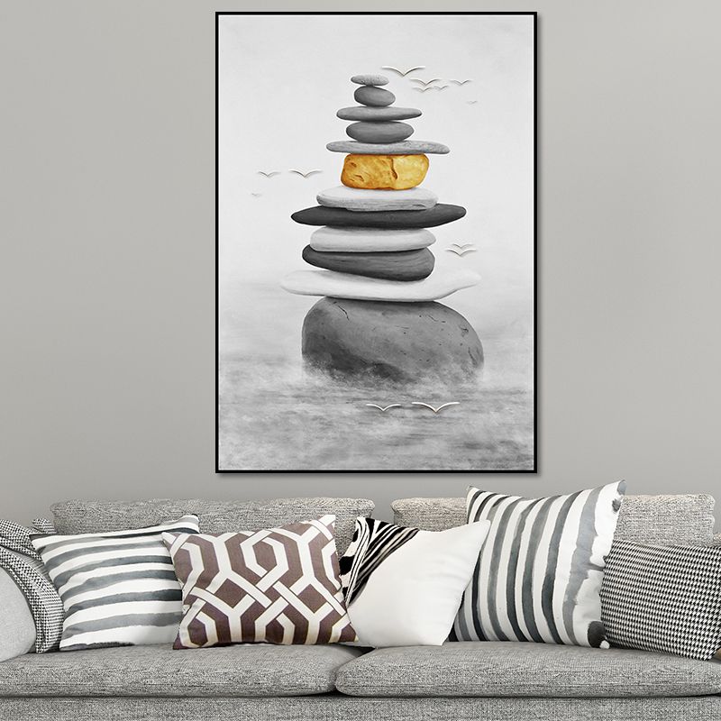 Stacked Cobblestones Canvas Print Asian Style Textured Wall Art in Grey and Yellow