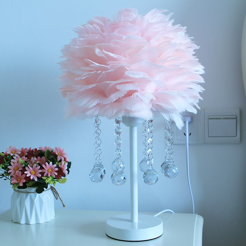 Hemisphere Feather Table Lamp Modern Single-Bulb Grey/White/Pink Night Light with Crystal Ball/Drop
