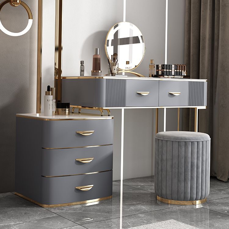 Solid Wood Drawers Vanity Set with Stone Top & Padded Stool in Grey