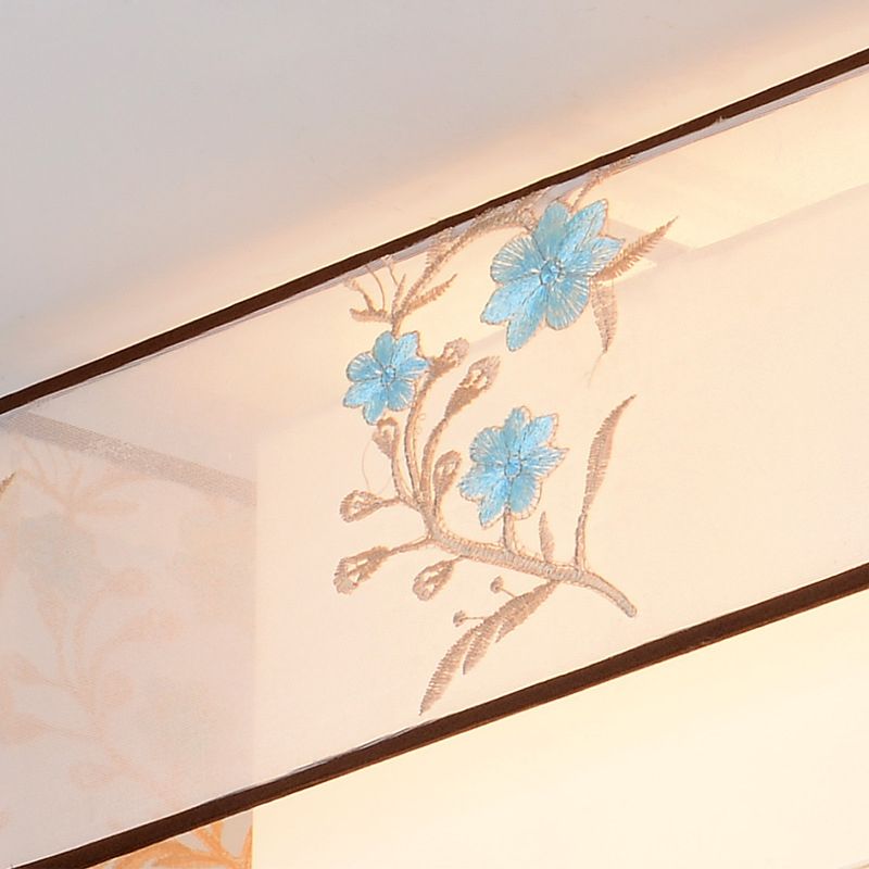 Wrought Iron White Ceiling Light in Traditional Unique Style Geometric Indoor Flush Mount with Embroidered Fabric Shade