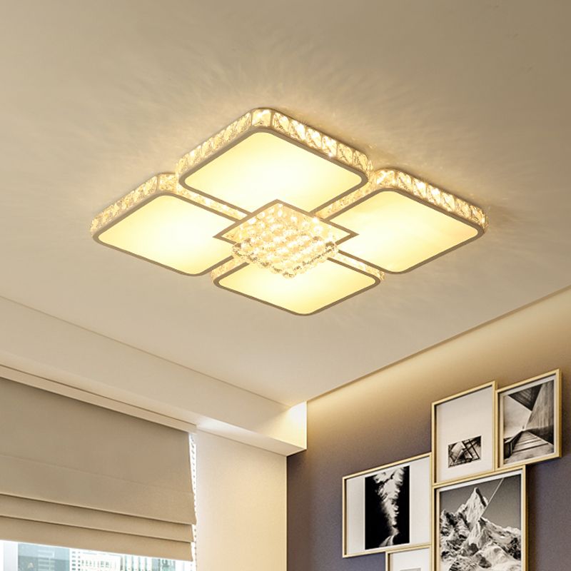 Chrome LED Square Flush Mount Lighting Contemporary Crystal Block Ceiling Lamp in Warm/White Light