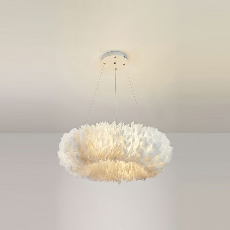 Simplicity Round Chandelier Pendant Light Feather Girls Bedroom Hanging Light in White