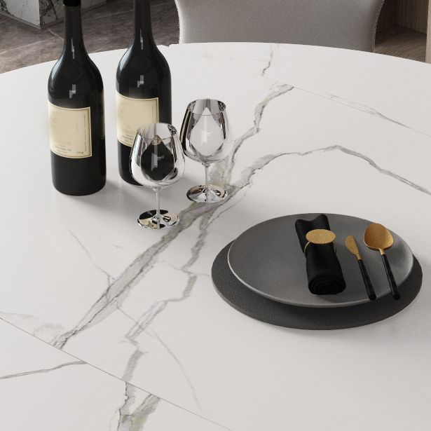 Simplicity Round Dining Table White Sintered Stone Table with 4 Ash Solid Wood Legs