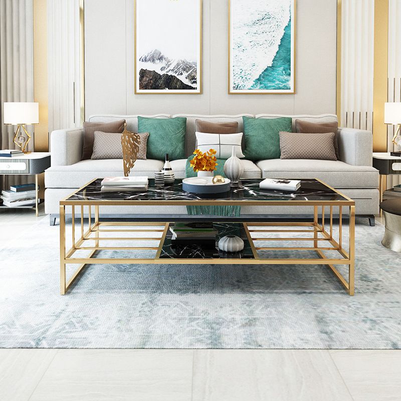 Glam Rectangle Coffee Table with Golden Sled Base and Storage Shelf