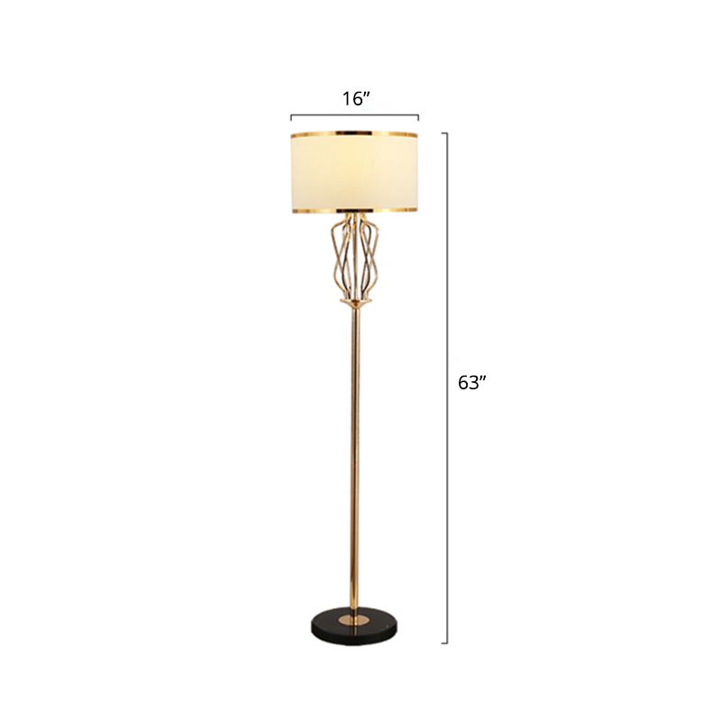 Round Fabric Standing Light Classic Style 1��Head Living Room Floor Lighting in Brass