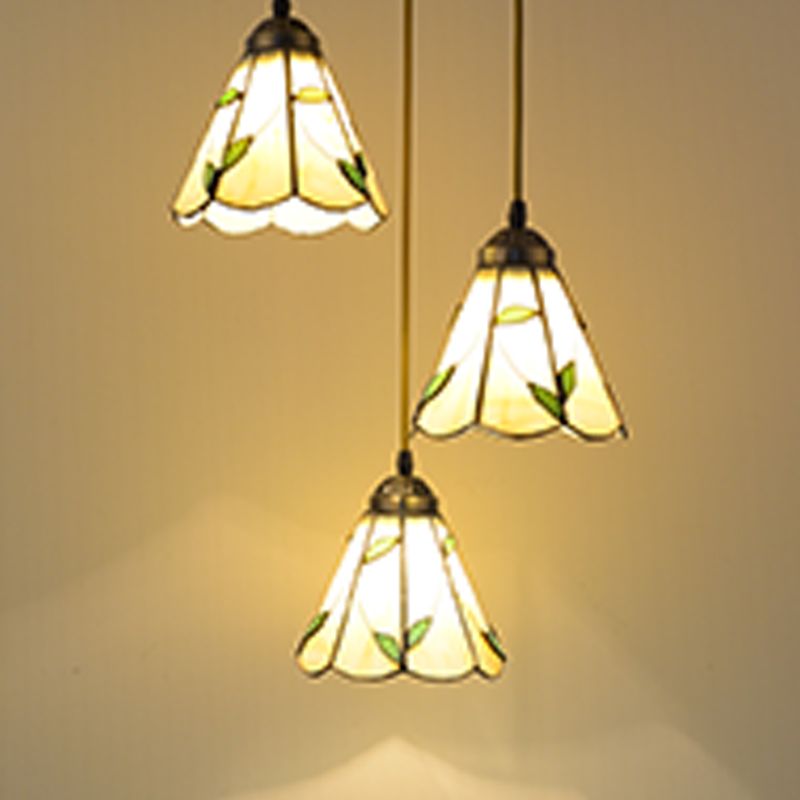 Beige 3 Bulbs Cluster Pendant Tiffany Stained Glass Scalloped Suspension Lighting for Dining Room