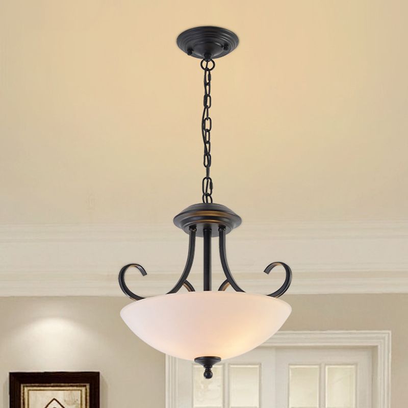 3-Bulb Bowl Pendant Chandelier Classic White Frosted Glass Hanging Light Kit with Scroll Arm