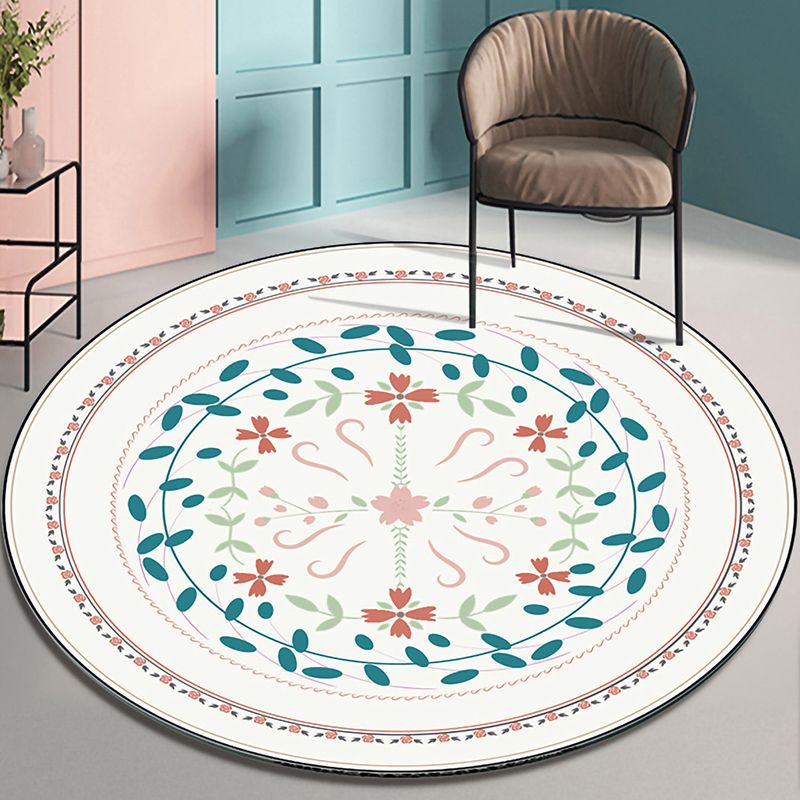 Fresh Modern Round Rug Simplicity Floral Print Rug Polyester Non-Slip Backing Rug for Home Decor