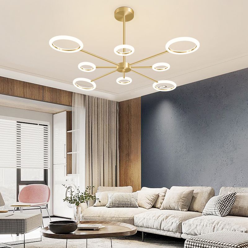 Metal Sputnik LED Chandelier Minimalistic Gold Hanging Light with Circle Acrylic Shade