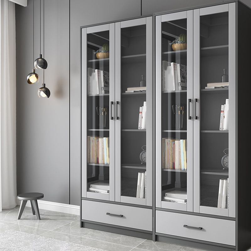 Faux Wood Modern Storage Cabinet Glass Doors Display Cabinet with Drawer for Living Room