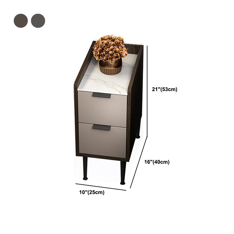 Espresso Wood and Off-White Night Table Modern Stone and Pearl Wood Bedside Cabinet