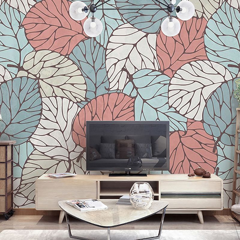 Full Size Mural Wallpaper for Living Room, Summer Leaf in Blue and Red, Stain-Resistant