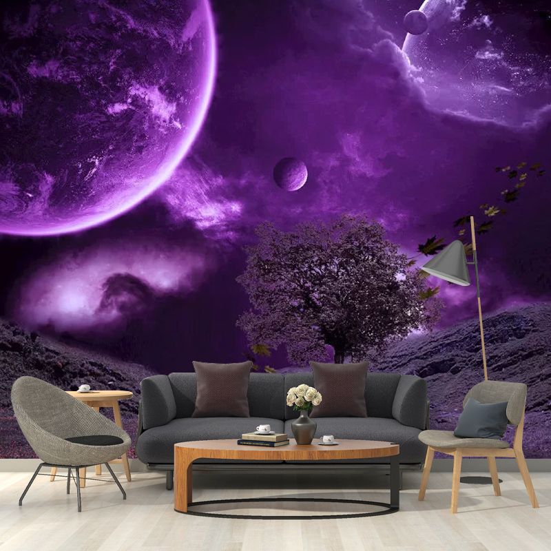 Planet and Desert Mural Wallpaper Contemporary Wall Covering in Purple, Custom Size Available