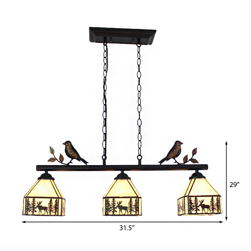 Rustic Lodge Deer Island Lighting with Bird Decoration 3 Lights Stained Glass Pendant Light