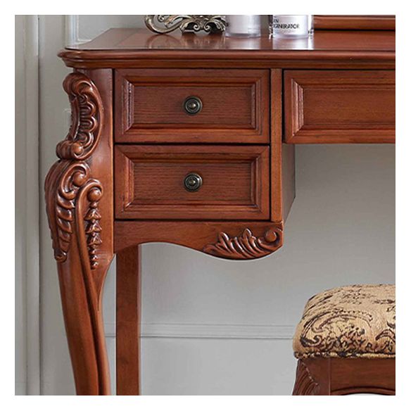 Solid Wood Brown Makeup Table Vanity with Drawers and Mirror