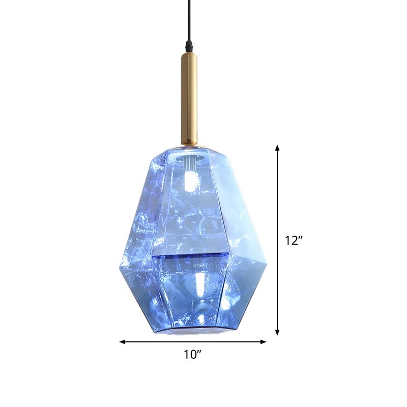 Diamond Blue Glass Hanging Light Kit Contemporary 1 Light Brass LED Pendant Light Fixture