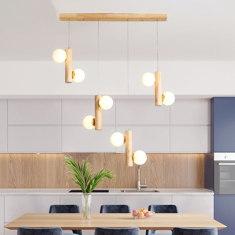 Contemporary Modo Suspension Light Cream Glass Dining Room Multi Light Pendant in Wood