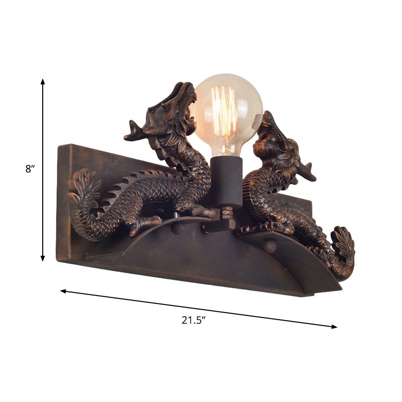 Dragon Wall Mount Light with Bare Bulb Design Rustic Industrial Wrought Iron Wall Sconce