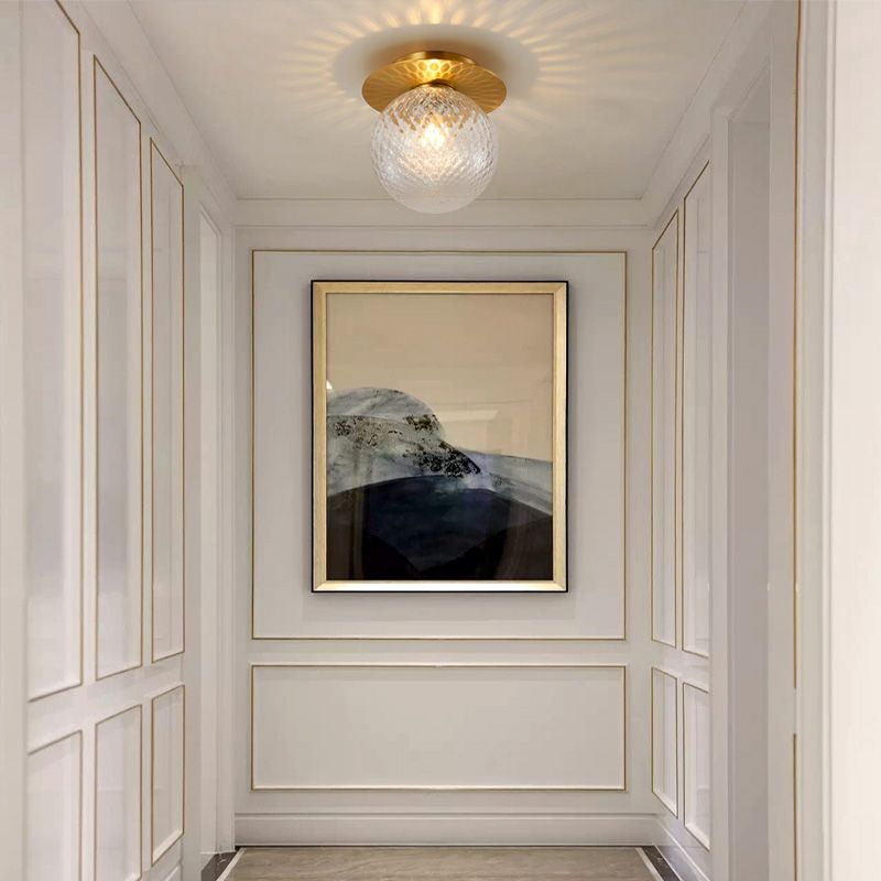 Modern Concise Indoor Flush Mount Copper Globe Ceiling Fixture with Ripple Glass Shade