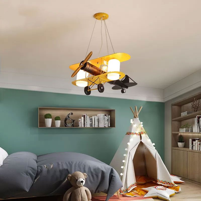 Aircraft Shaped Metal LED Lighting Fixture Modern Yellow Chandelier Light for Child Room