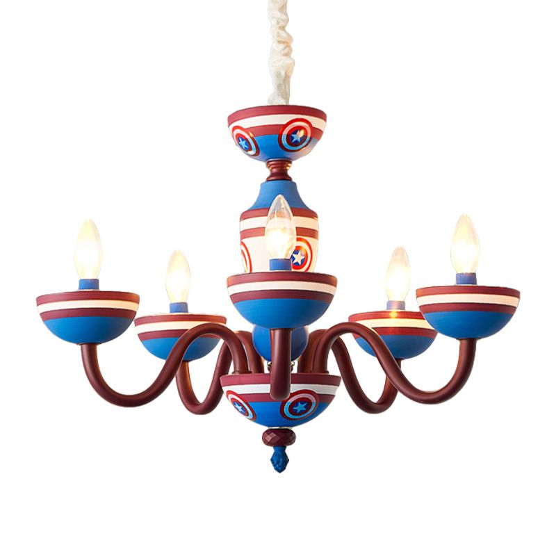 American Stylish Candle Pendant Light Metallic Chandelier in Blue&Red for Boys Bedroom