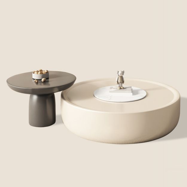 Contemporary Round Cream Coffee Table Set with Storage Drawer