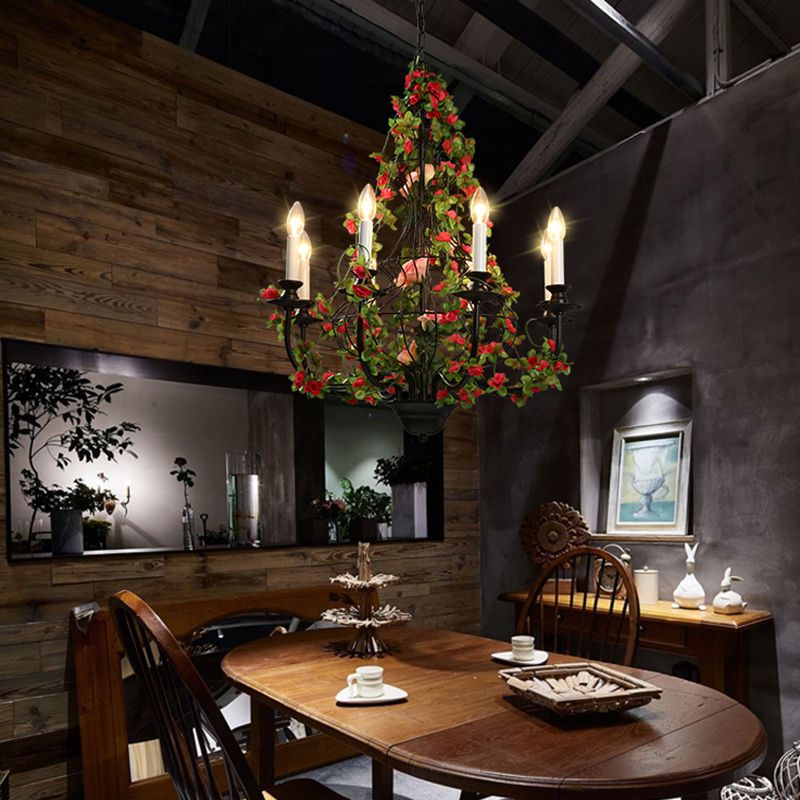 Candlestick Metal Chandelier Light Industrial 8 Heads Restaurant LED Down Lighting in Black with Flower Decor