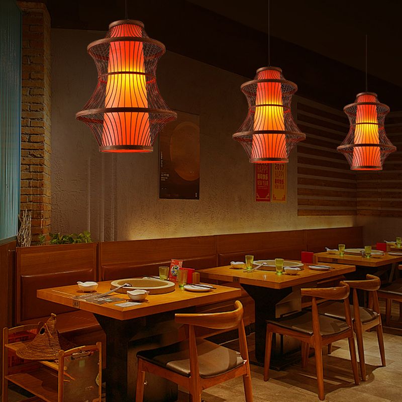Chinese Style Bamboo Pendant Light Geometric Brown Hanging Pendant for Restaurant