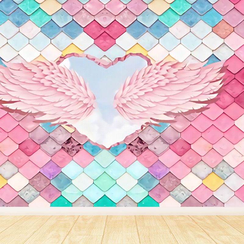 Pink Feather Wall Mural Wings with Fishscale Tile Modern Stain Resistant Wall Covering