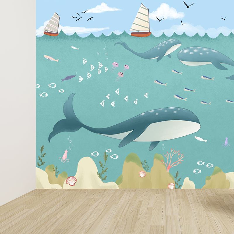 Decalcomania murale impermeabilizzante in colore chiaro con grande balena in stile per bambini, per la cameretta dei bambini